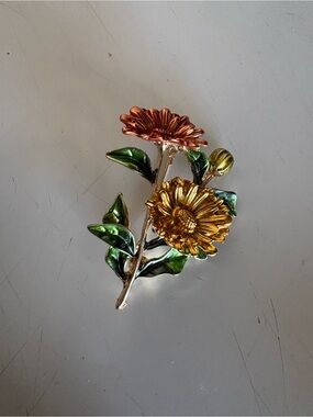 Vintage Floral Brooch - Gold, Copper & Green Enamel